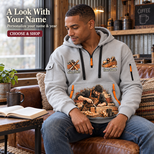 Personalized Carpenter Once and Always Quarter-Zip Hoodie in Light Grey, worn by an adult man