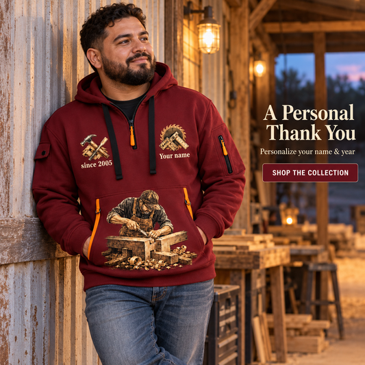 Personalized Carpenter Proud Craftsperson Quarter-Zip Hoodie in Wine Red, worn by an adult man