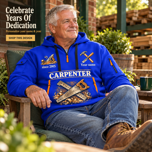 Personalized Carpenter Lifelong Craft Quarter-Zip Hoodie in Blue, worn by an adult man