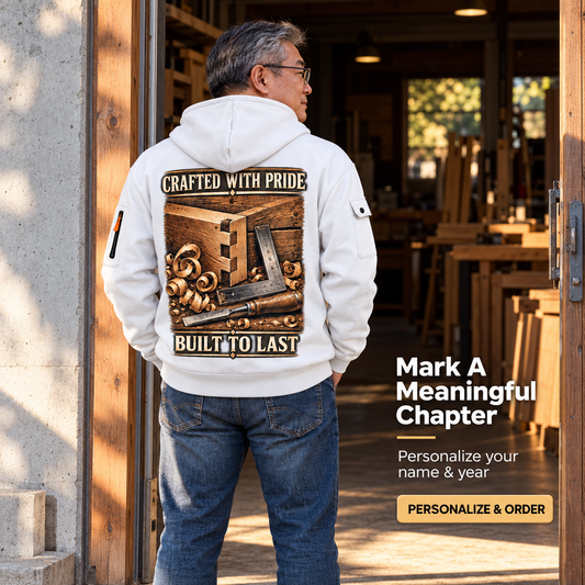 Personalized Carpenter Built to Last Quarter-Zip Hoodie in White, worn by an adult man
