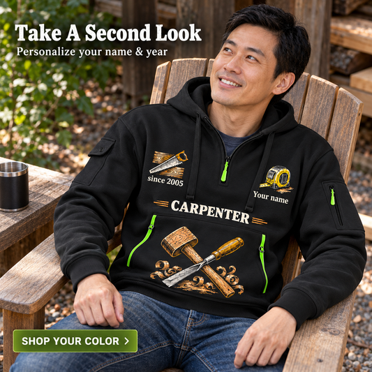 Personalized Carpenter Work with Purpose Quarter-Zip Hoodie in Black, worn by an adult man