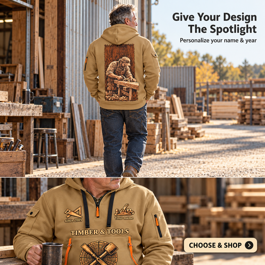 Personalized Carpenter Golden Craft Quarter-Zip Hoodie in Khaki, worn by an adult man