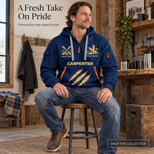 Personalized Carpenter Craft in Motion Quarter-Zip Hoodie in Navy, worn by an adult man