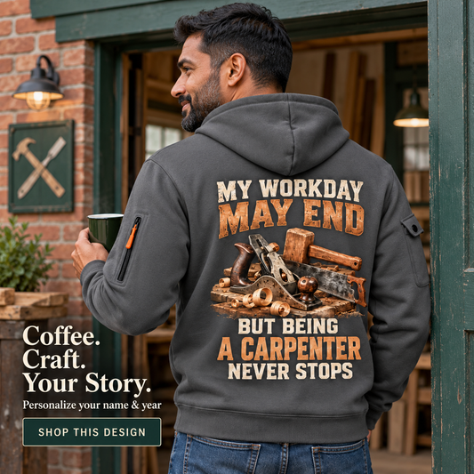 Personalized Carpenter Never Stops Quarter-Zip Hoodie in Gray, worn by an adult man