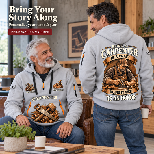 Carpenter Craft and Honor Name & Year Quarter-Zip Hoodie in Light Grey, worn by an adult man