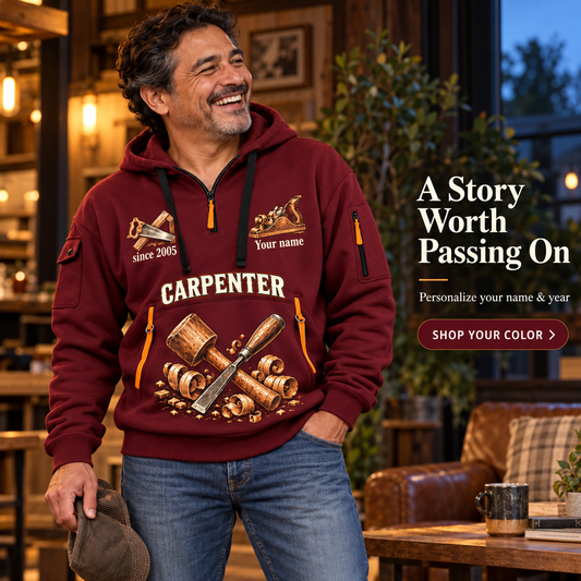 Carpenter Steady Hands Name & Year Quarter-Zip Hoodie in Wine Red, worn by an adult man