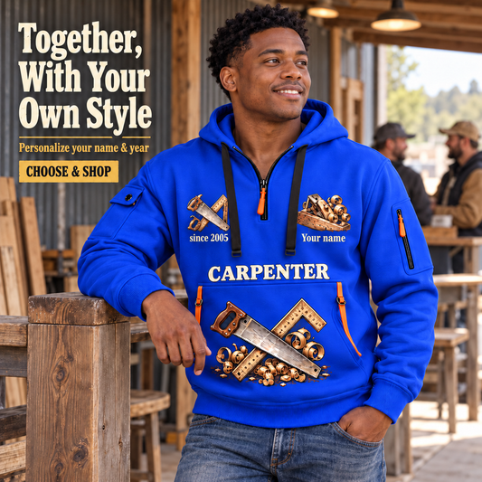 Carpenter Built with Pride Name & Year Quarter-Zip Hoodie in Blue, worn by an adult man