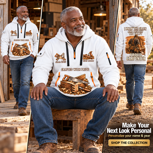 Carpenter Respect the Craft Name & Year Quarter-Zip Hoodie in White, worn by an adult man