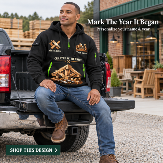 Carpenter Experienced Hands Name & Year Quarter-Zip Hoodie in Black, worn by an adult man