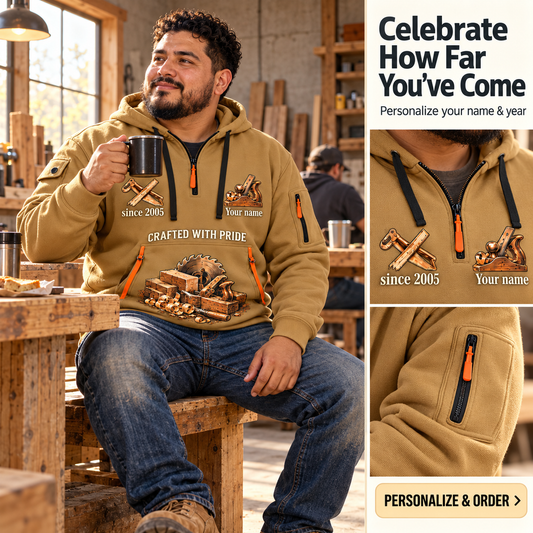 Carpenter Skills Remain Name & Year Quarter-Zip Hoodie in Khaki, worn by an adult man