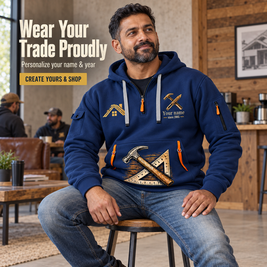 Personalized Roofer Every Shingle Counts Quarter-Zip Hoodie in Navy, worn by an adult man