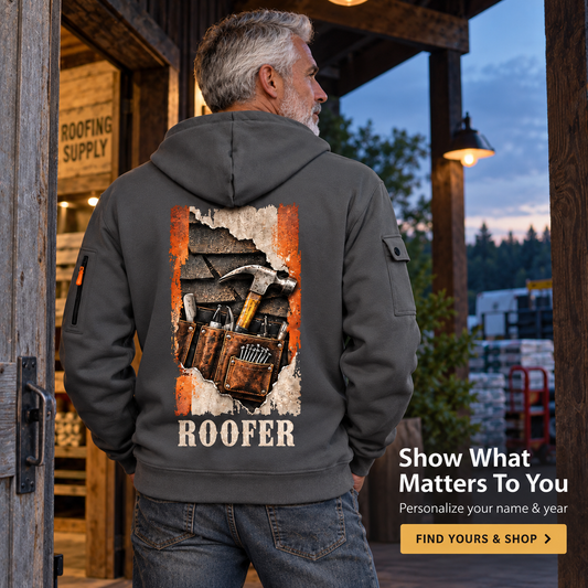 Personalized Roofer Roofing Craft Quarter-Zip Hoodie in Gray, worn by an adult man