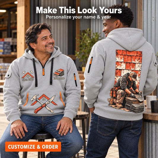 Personalized Roofer Shingle Craft Quarter-Zip Hoodie in Light Grey, worn by an adult man
