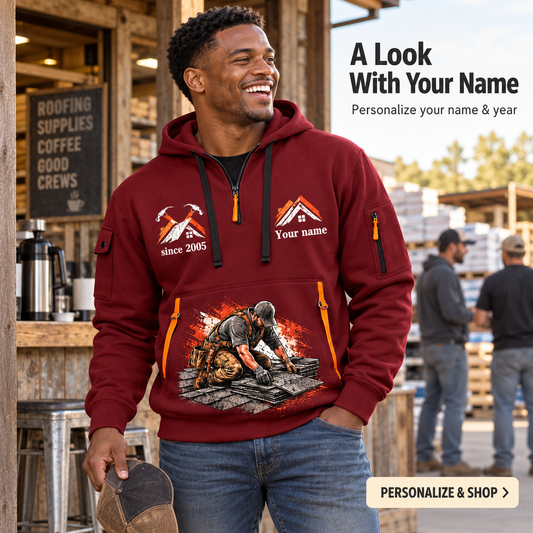 Personalized Roofer Once and Always Quarter-Zip Hoodie in Wine Red, worn by an adult man