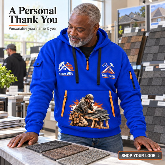 Personalized Roofer Proud Craftsperson Quarter-Zip Hoodie in Blue, worn by an adult man