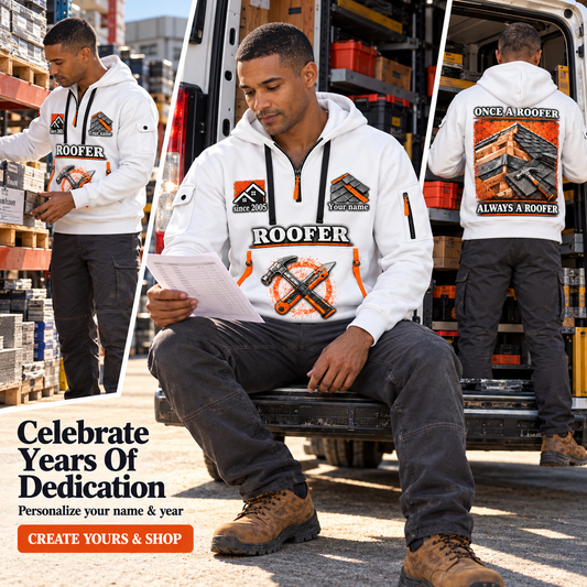 Personalized Roofer Lifelong Craft Quarter-Zip Hoodie in White, worn by an adult man