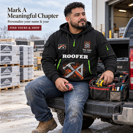 Personalized Roofer Built to Last Quarter-Zip Hoodie in Black, worn by an adult man