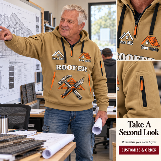 Personalized Roofer Work with Purpose Quarter-Zip Hoodie in Khaki, worn by an adult man