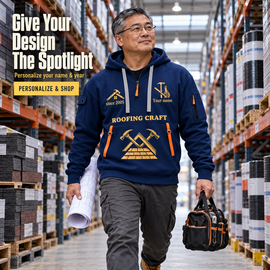 Personalized Roofer Golden Craft Quarter-Zip Hoodie in Navy, worn by an adult man