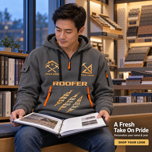 Personalized Roofer Craft in Motion Quarter-Zip Hoodie in Gray, worn by an adult man