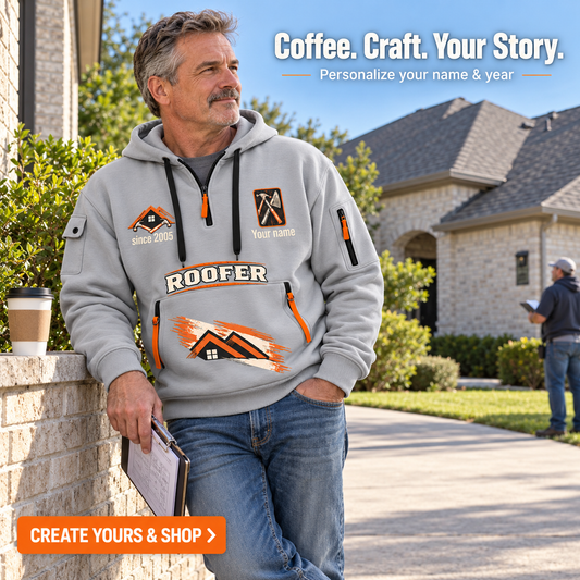 Personalized Roofer Never Stops Quarter-Zip Hoodie in Light Grey, worn by an adult man