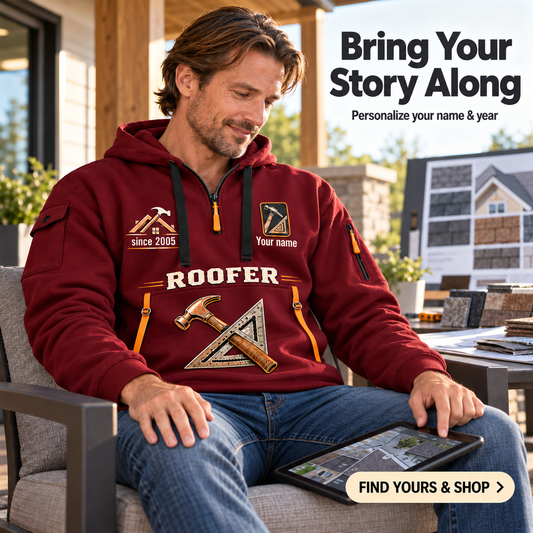 Personalized Roofer Craft and Honor Quarter-Zip Hoodie in Wine Red, worn by an adult man