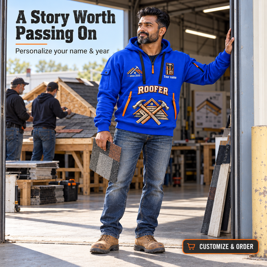 Personalized Roofer Steady Hands Quarter-Zip Hoodie in Blue, worn by an adult man