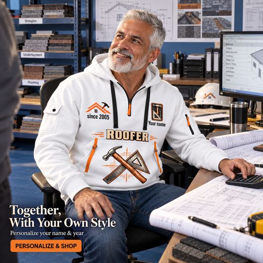 Personalized Roofer Built with Pride Quarter-Zip Hoodie in White, worn by an adult man
