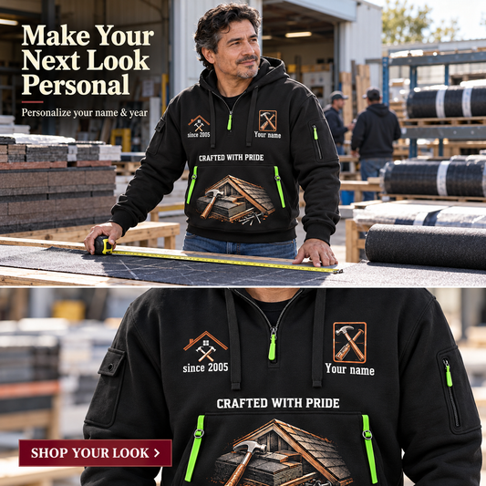 Personalized Roofer Respect the Craft Quarter-Zip Hoodie in Black, worn by an adult man