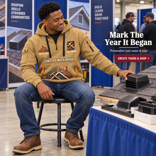 Personalized Roofer Experienced Hands Quarter-Zip Hoodie in Khaki, worn by an adult man