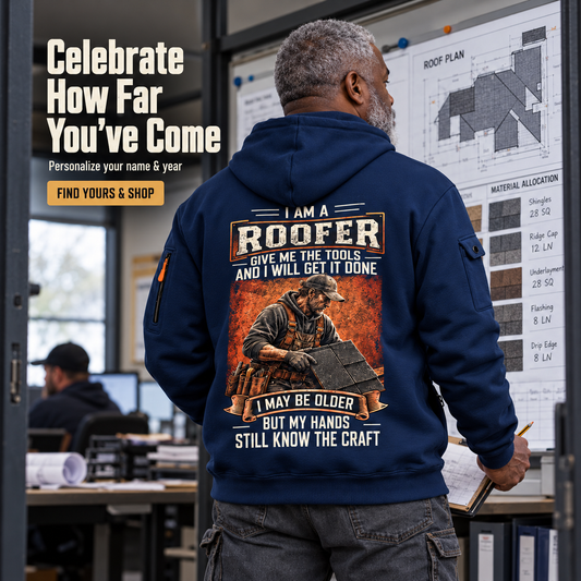 Personalized Roofer Skills Remain Quarter-Zip Hoodie in Navy, worn by an adult man
