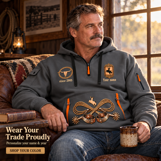 Bull Riding Boots & Dust Quarter-Zip Hoodie with Name and Year - BR17349984 in Gray, worn by an adult man