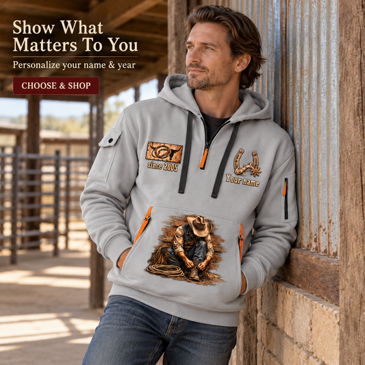 Bull Riding Rodeo Heritage Quarter-Zip Hoodie with Name and Year - BR17350848 in Light Grey, worn by an adult man