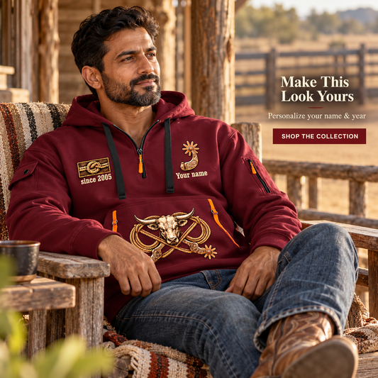 Bull Riding Chute Ready Quarter-Zip Hoodie with Name and Year - BR17351712 in Wine Red, worn by an adult man