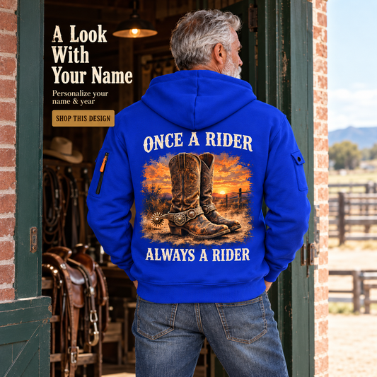 Bull Riding Once A Rider Quarter-Zip Hoodie with Name and Year - BR17353440 in Blue, worn by an adult man