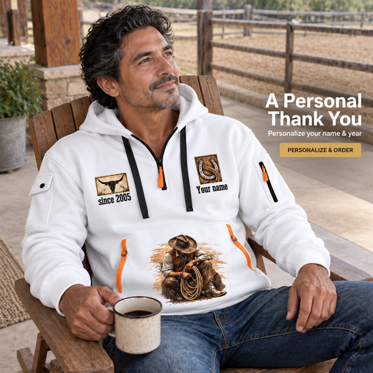 Bull Riding Walk The Arena Quarter-Zip Hoodie with Name and Year - BR17355168 in White, worn by an adult man