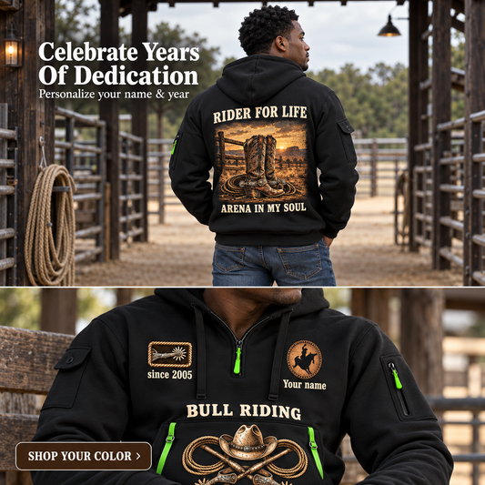 Bull Riding Rider For Life Quarter-Zip Hoodie with Name and Year - BR17356032 in Black, worn by an adult man