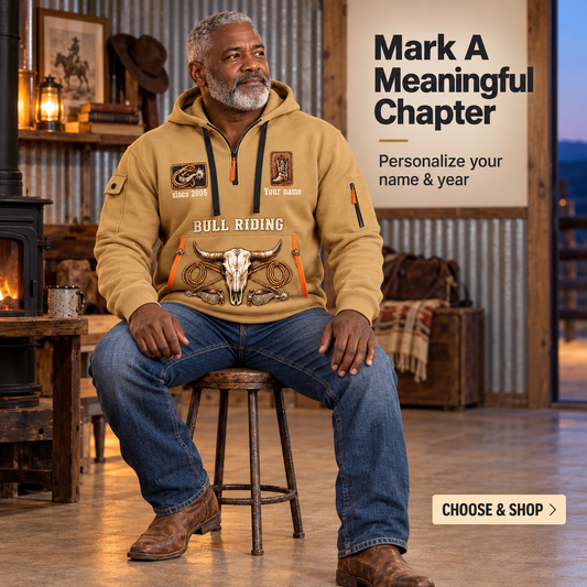 Bull Riding Forever Rodeo Quarter-Zip Hoodie with Name and Year - BR17358624 in Khaki, worn by an adult man