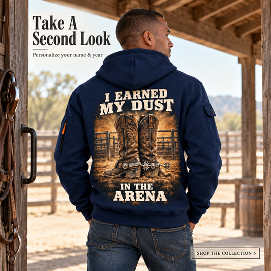 Bull Riding Earned In The Arena Quarter-Zip Hoodie with Name and Year - BR17362944 in Navy, worn by an adult man