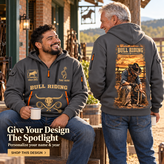 Bull Riding Golden Rodeo Quarter-Zip Hoodie with Name and Year - BR17363808 in Gray, worn by an adult man
