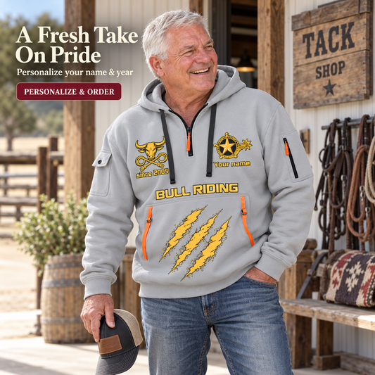 Bull Riding Rodeo Rush Quarter-Zip Hoodie with Name and Year - BR17365536 in Light Grey, worn by an adult man