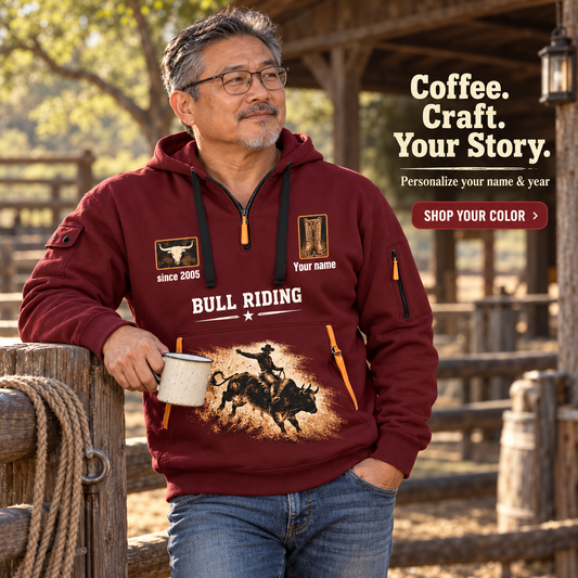 Bull Riding Rodeo Never Ends Quarter-Zip Hoodie with Name and Year - BR17557344 in Wine Red, worn by an adult man