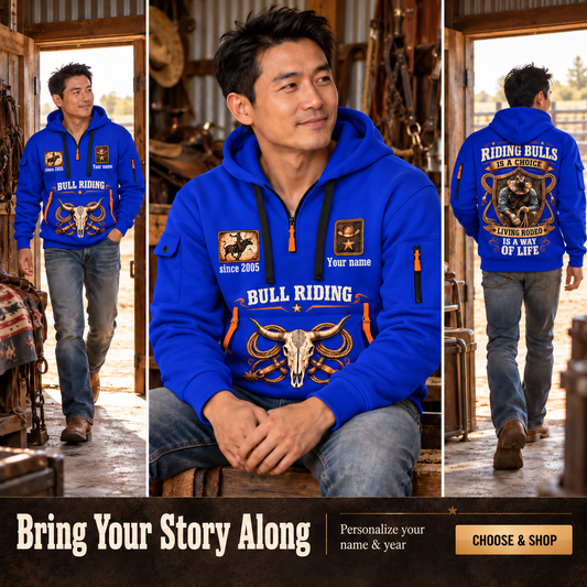 Bull Riding Rodeo By Choice Quarter-Zip Hoodie with Name and Year - BR17563392 in Blue, worn by an adult man