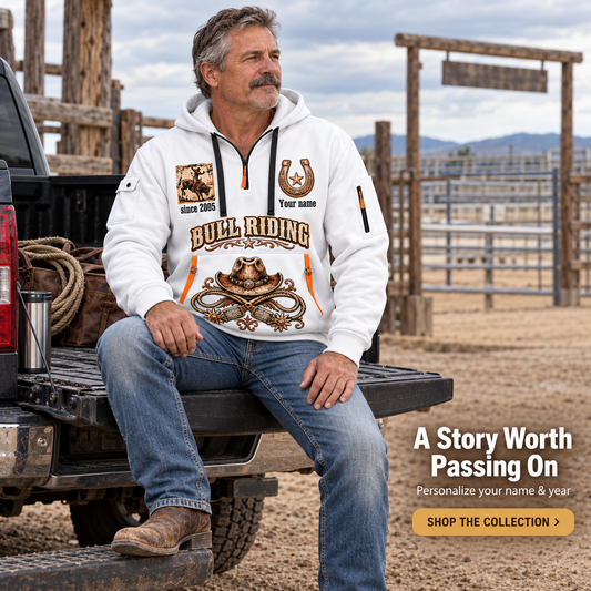Bull Riding Rodeo Spirit Quarter-Zip Hoodie with Name and Year - BR17642880 in White, worn by an adult man