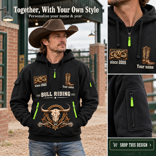Bull Riding Why We Ride Quarter-Zip Hoodie with Name and Year - BR17643744 in Black, worn by an adult man