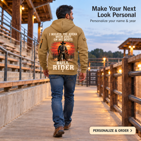 Bull Riding Walk Into The Arena Quarter-Zip Hoodie with Name and Year - BR17666208 in Khaki, worn by an adult man