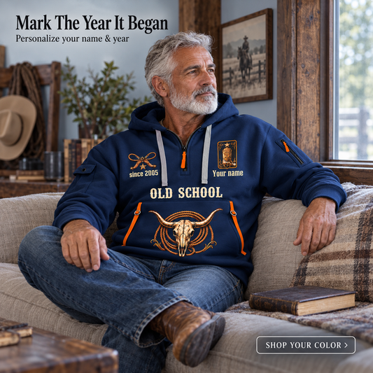 Bull Riding Old School Rider Quarter-Zip Hoodie with Name and Year - BR17667072 in Navy, worn by an adult man