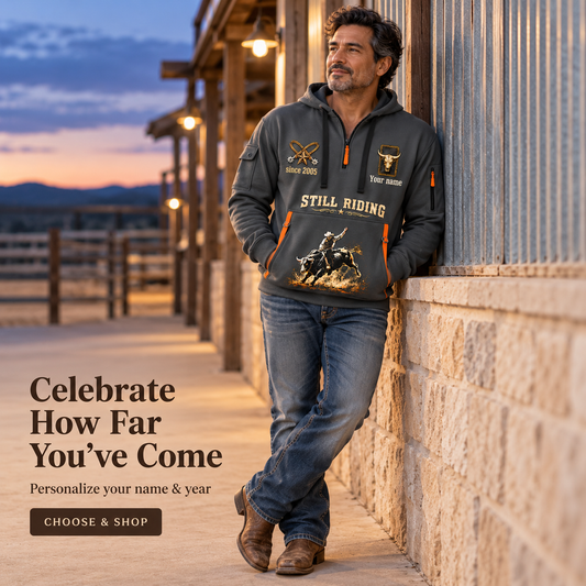 Bull Riding Still Got The Grit Quarter-Zip Hoodie with Name and Year - BR17667936 in Gray, worn by an adult man