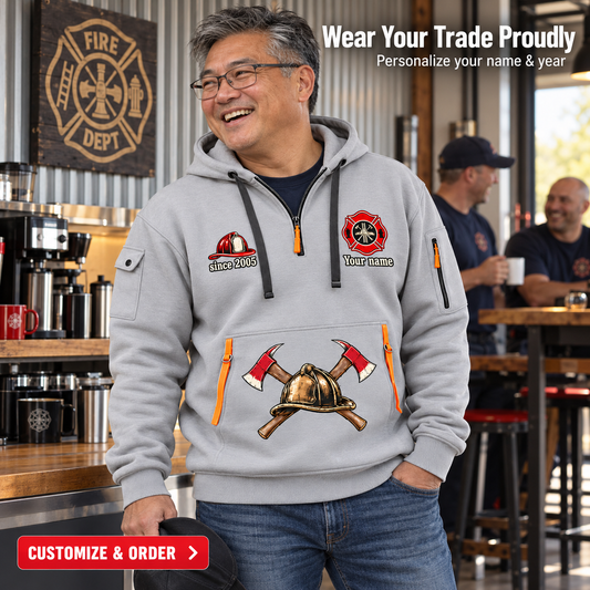 Personalized Fire Fighter Answer the Call Quarter-Zip Hoodie in Light Grey, worn by an adult man
