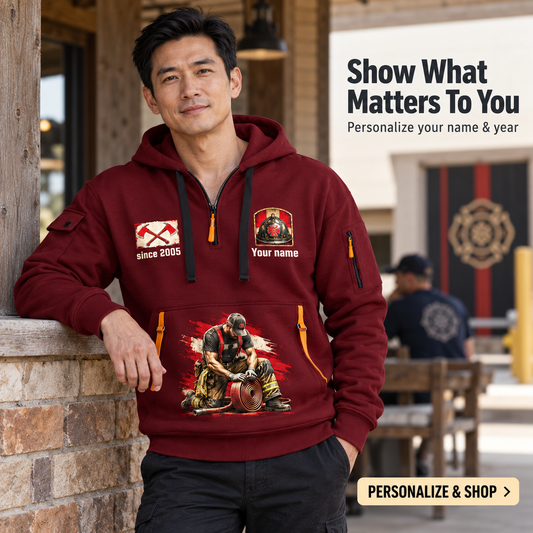 Personalized Fire Fighter Courage Helmet Quarter-Zip Hoodie in Wine Red, worn by an adult man
